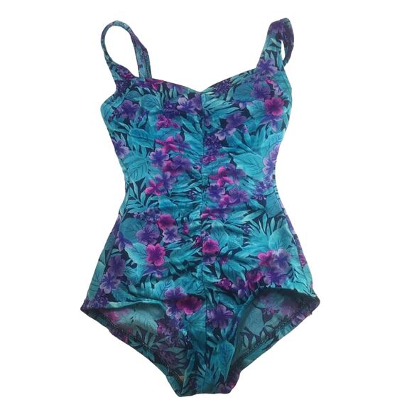 Maxine of Hollywood Swimsuit One Piece Tropical Floral Print Ruched Size 10 - Picture 1 of 9